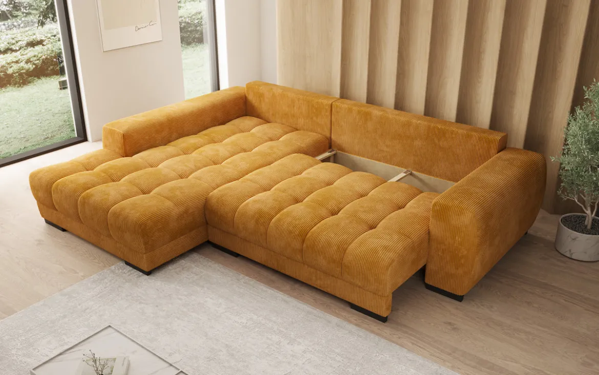 Designer Ecksofa Balu mit Schlaffunktion und Stauraum in Cord