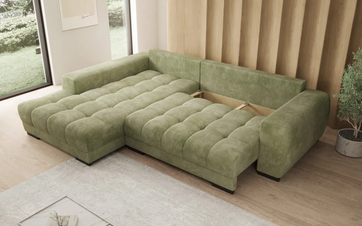 Designer Ecksofa Balu mit Schlaffunktion und Stauraum in Cord