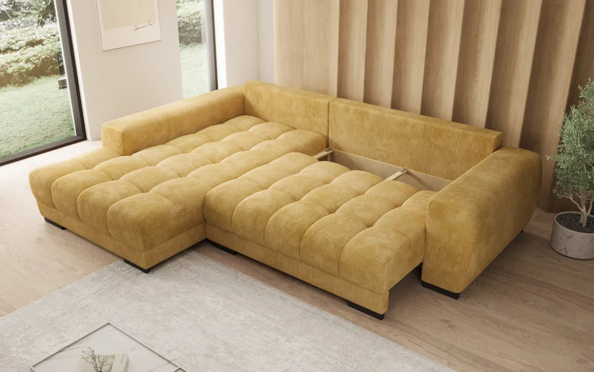 Designer Ecksofa Balu mit Schlaffunktion und Stauraum in Cord