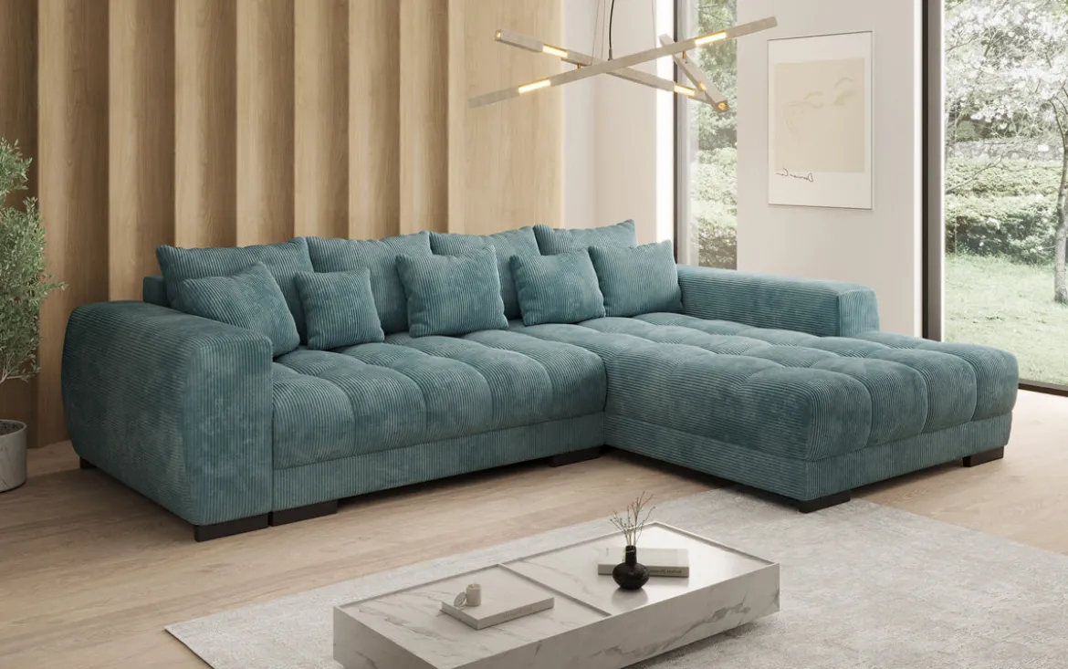 Designer Ecksofa Balu mit Schlaffunktion und Stauraum in Cord