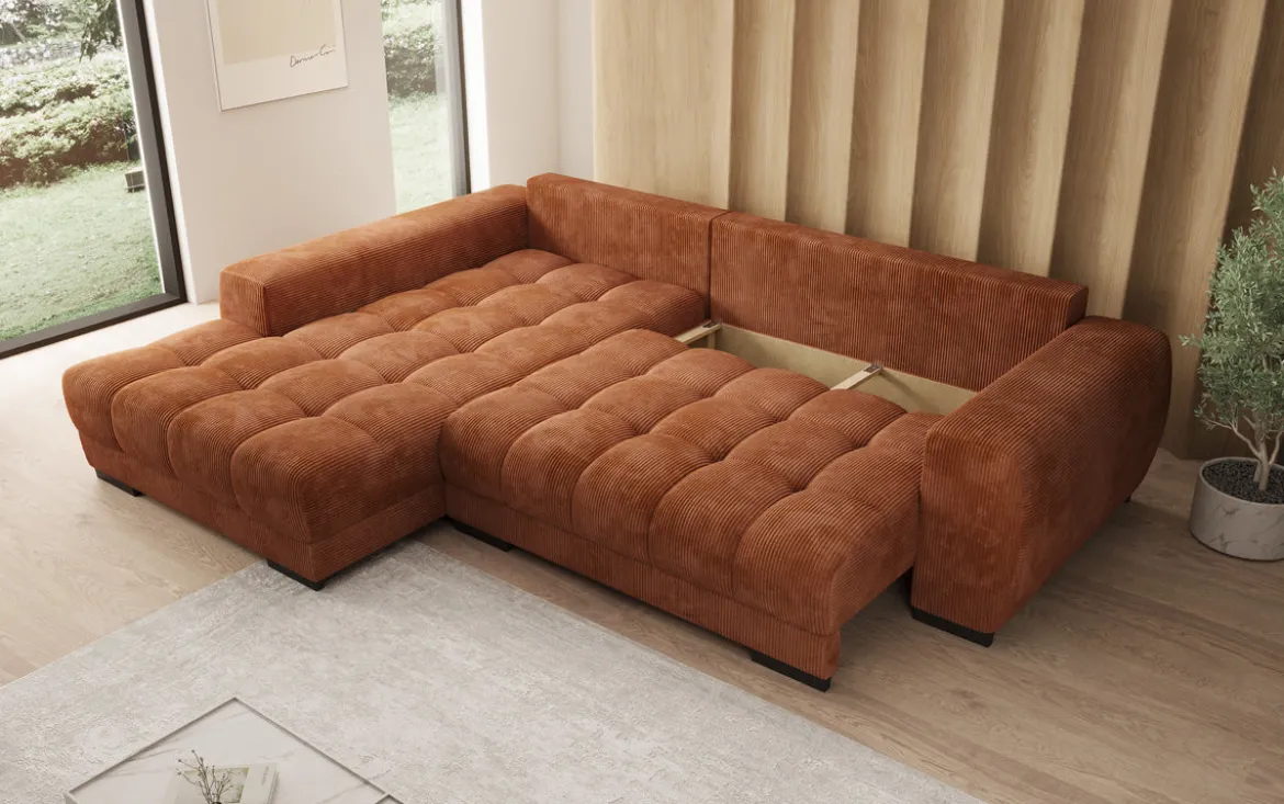 Designer Ecksofa Balu mit Schlaffunktion und Stauraum in Cord
