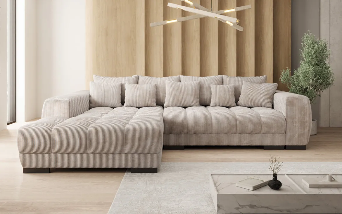 Designer Ecksofa Balu mit Schlaffunktion und Stauraum in Cord