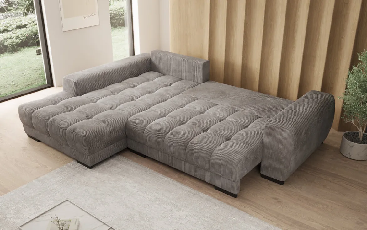 Designer Ecksofa Balu mit Schlaffunktion und Stauraum in Cord
