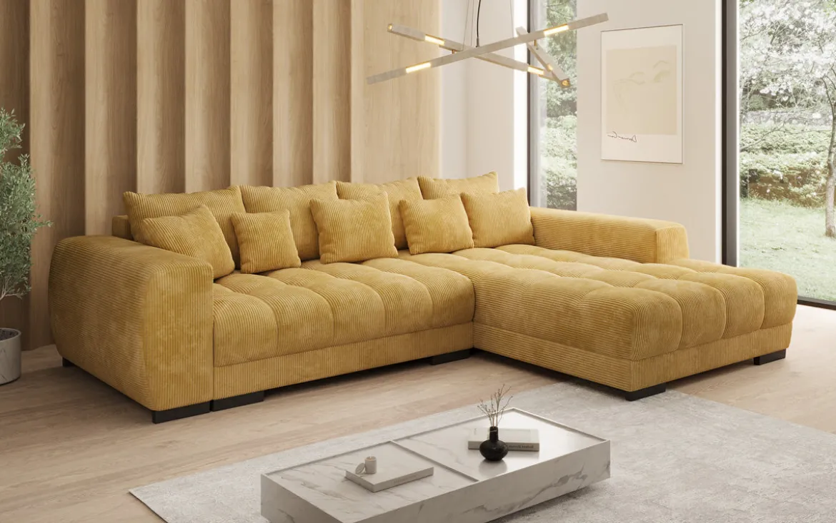 Designer Ecksofa Balu mit Schlaffunktion und Stauraum in Cord