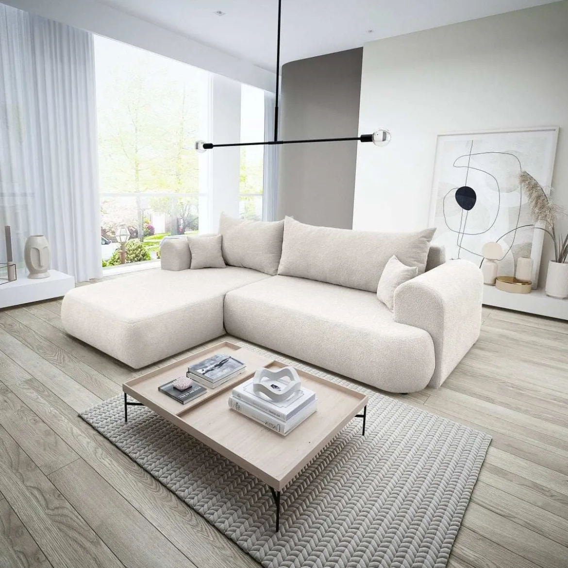Designer Ecksofa Baron mit Schlaffunktion und Stauraum aus Boucle