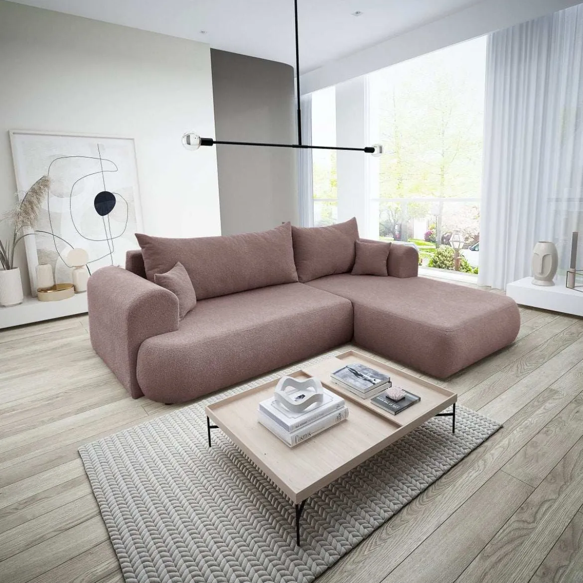 Designer Ecksofa Baron mit Schlaffunktion und Stauraum aus Boucle