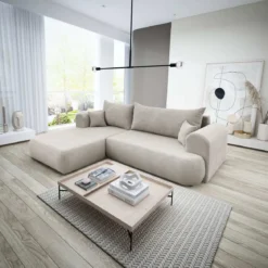 Designer Ecksofa Baron mit Schlaffunktion und Stauraum aus Boucle