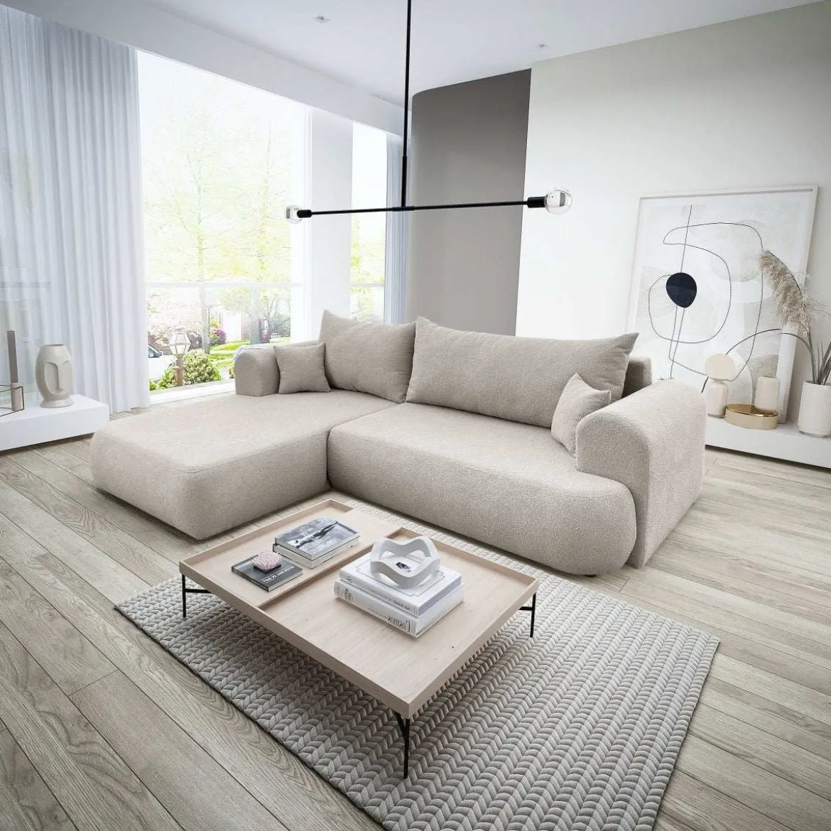 Designer Ecksofa Baron mit Schlaffunktion und Stauraum aus Boucle