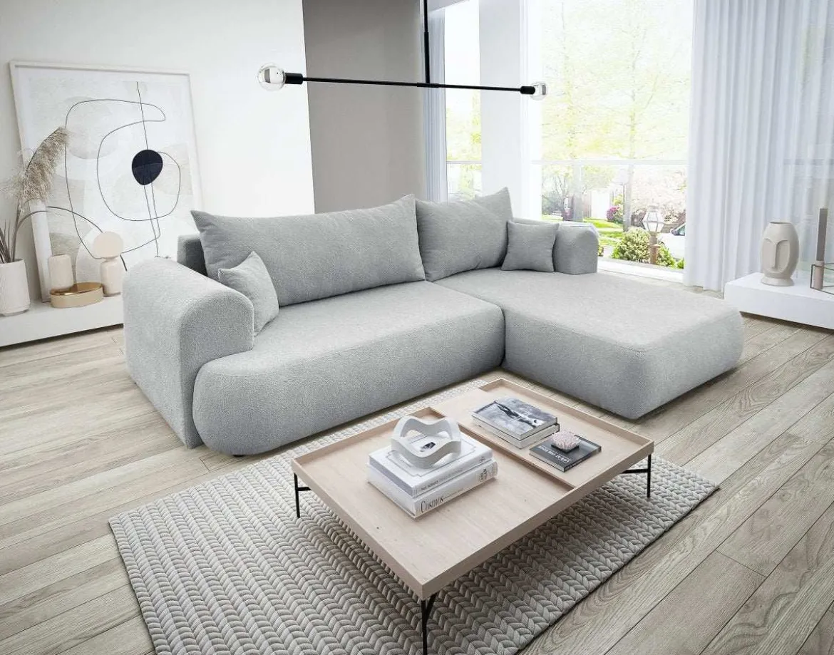 Designer Ecksofa Baron mit Schlaffunktion und Stauraum aus Boucle