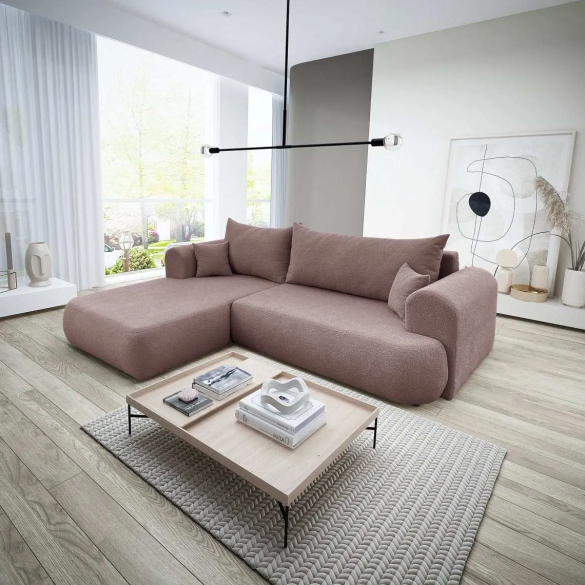 Designer Ecksofa Baron mit Schlaffunktion und Stauraum aus Boucle