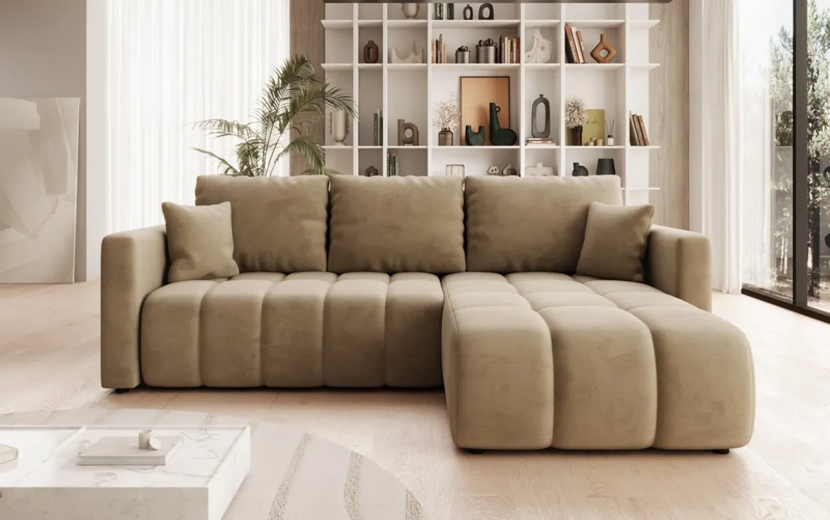 Designer Ecksofa Beatrice mit Schlaf- und Klappfunktion in Samt