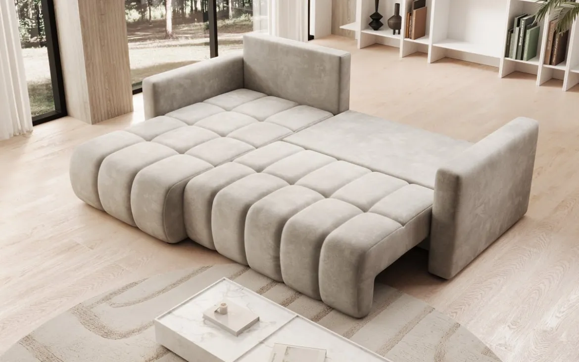 Designer Ecksofa Beatrice mit Schlaf- und Klappfunktion in Samt