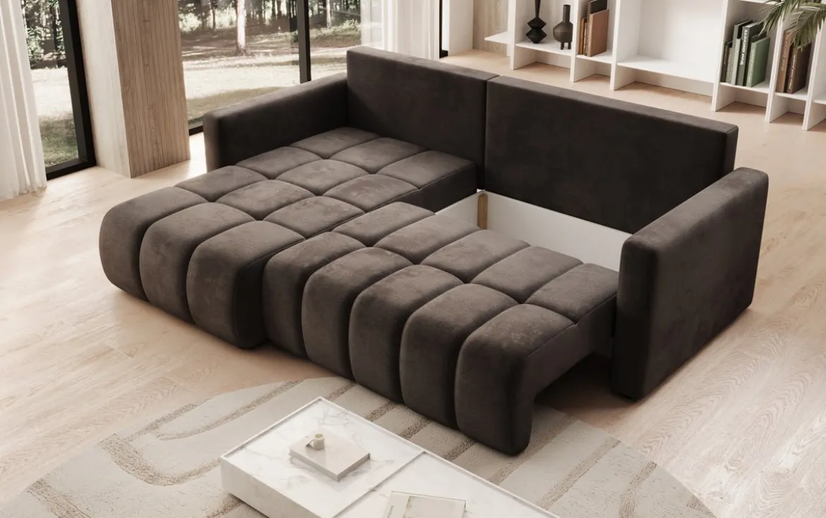 Designer Ecksofa Beatrice mit Schlaf- und Klappfunktion in Samt