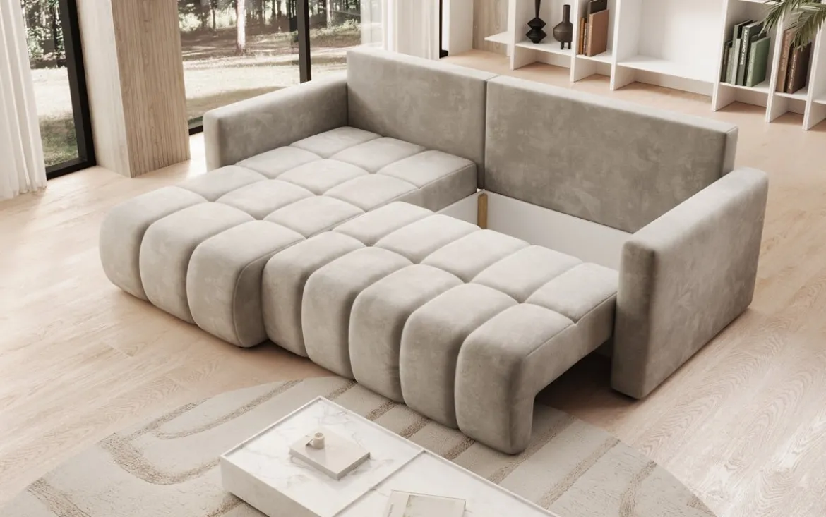 Designer Ecksofa Beatrice mit Schlaf- und Klappfunktion in Samt