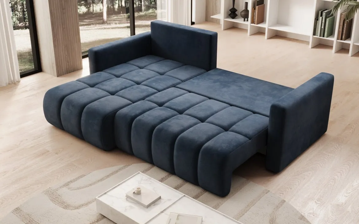 Designer Ecksofa Beatrice mit Schlaf- und Klappfunktion in Samt