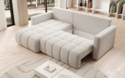 Designer Ecksofa Beatrice mit Schlaf- und Klappfunktion in Bouclé