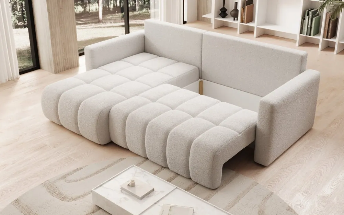 Designer Ecksofa Beatrice mit Schlaf- und Klappfunktion in Bouclé