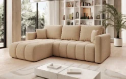 Designer Ecksofa Beatrice mit Schlaf- und Klappfunktion in Bouclé