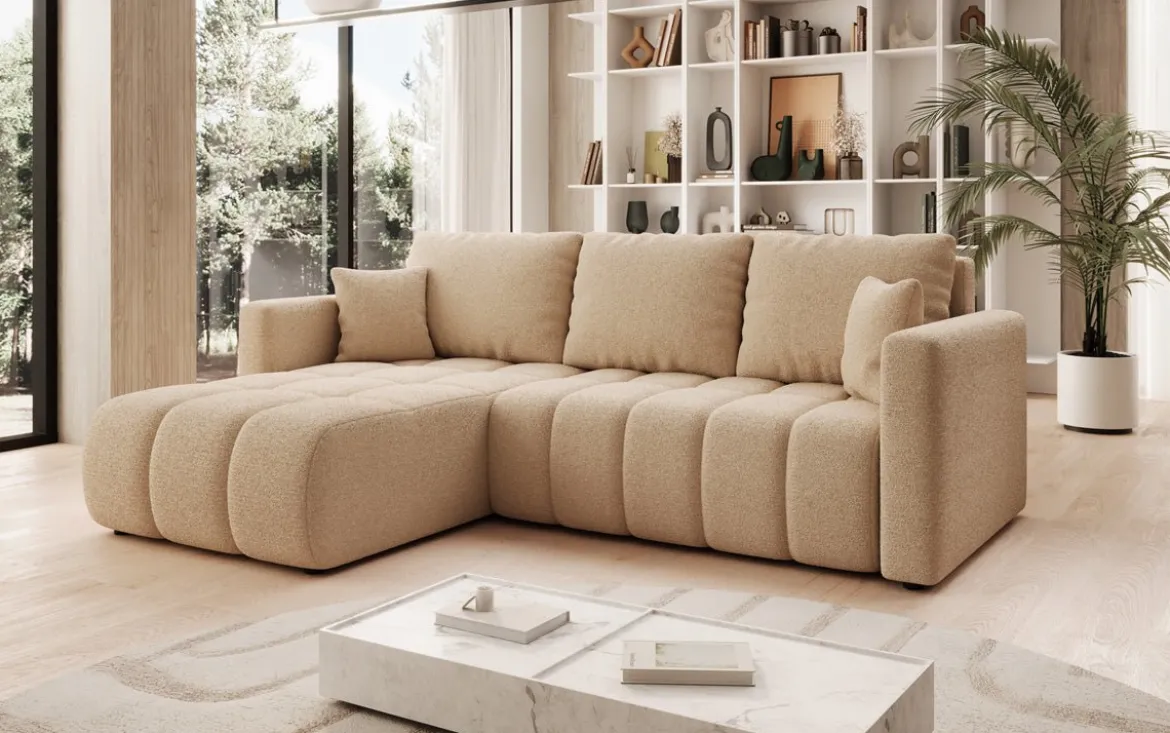 Designer Ecksofa Beatrice mit Schlaf- und Klappfunktion in Bouclé