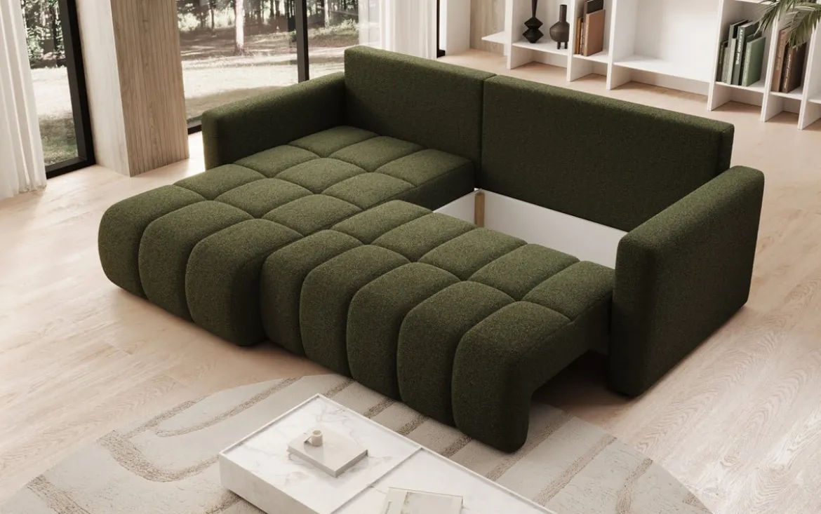 Designer Ecksofa Beatrice mit Schlaf- und Klappfunktion in Bouclé