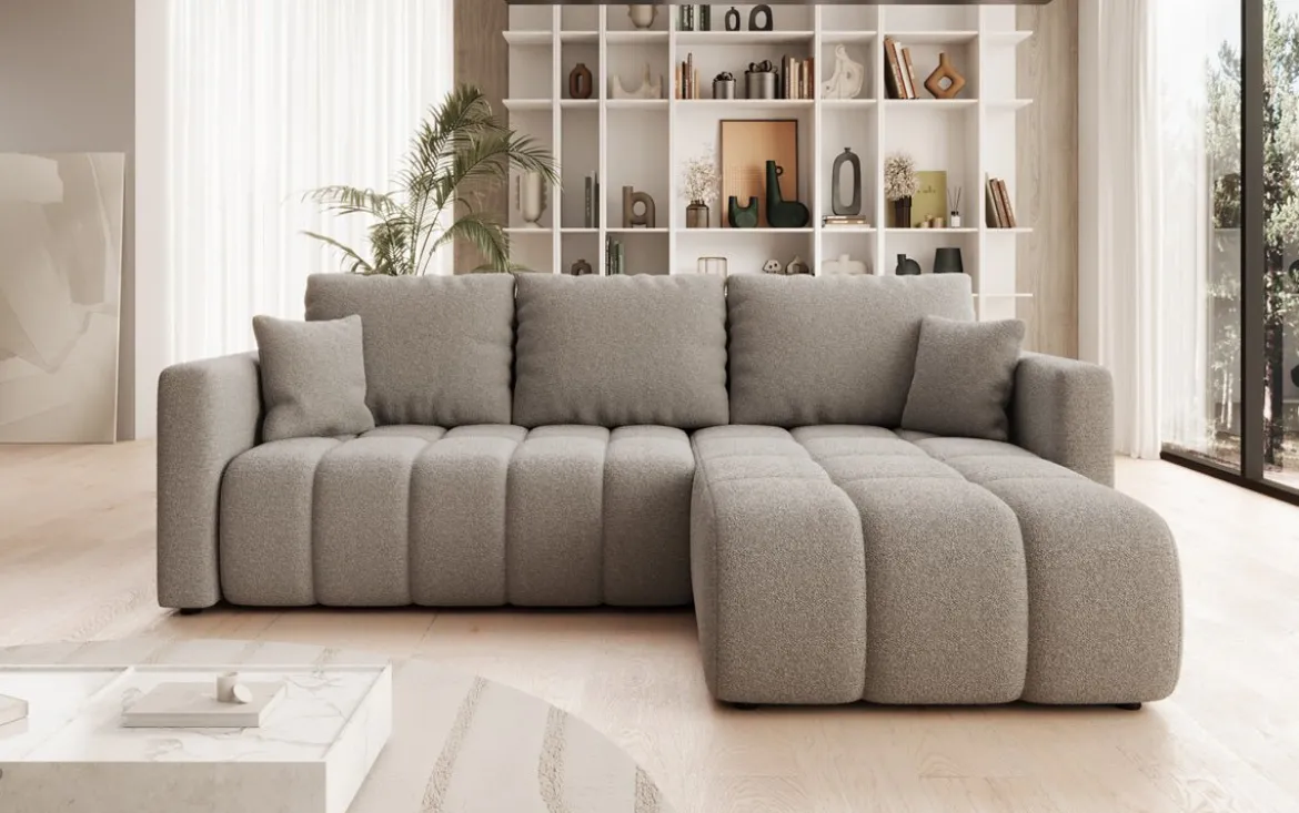 Designer Ecksofa Beatrice mit Schlaf- und Klappfunktion in Bouclé