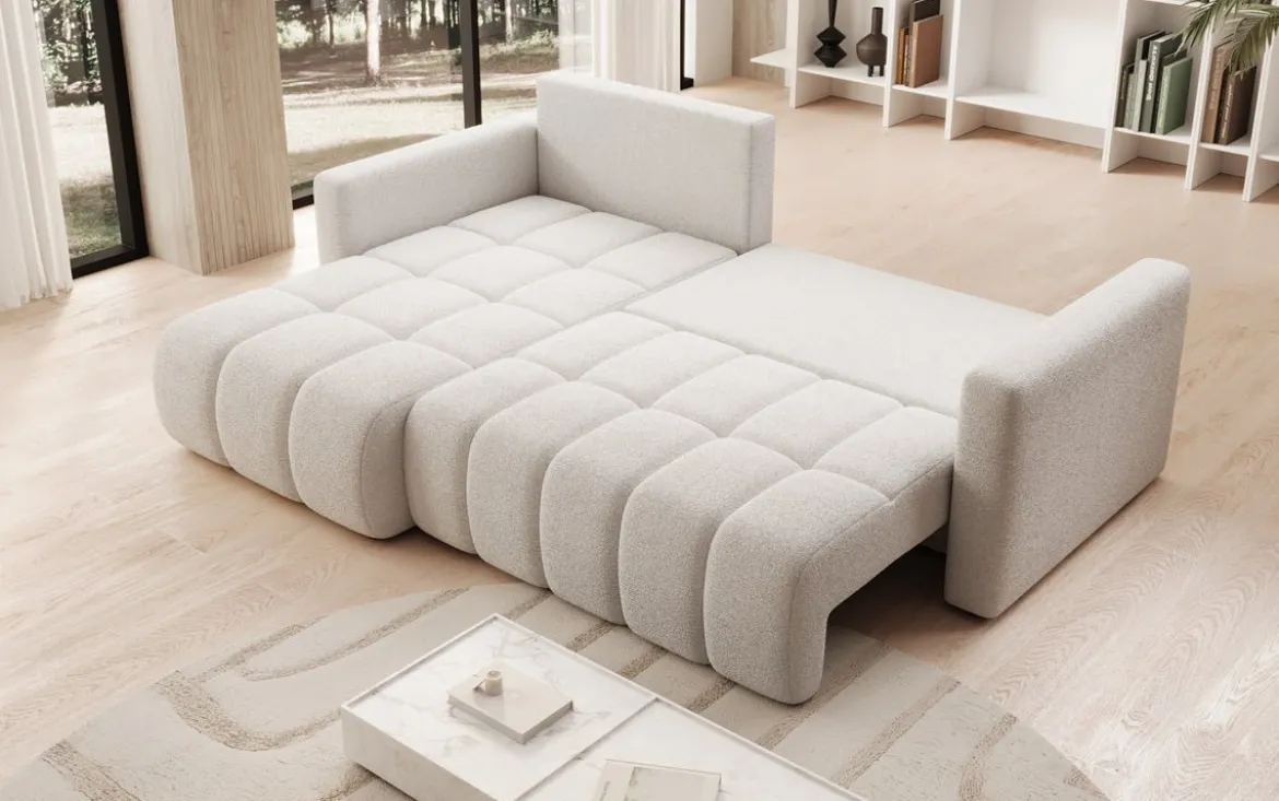 Designer Ecksofa Beatrice mit Schlaf- und Klappfunktion in Bouclé