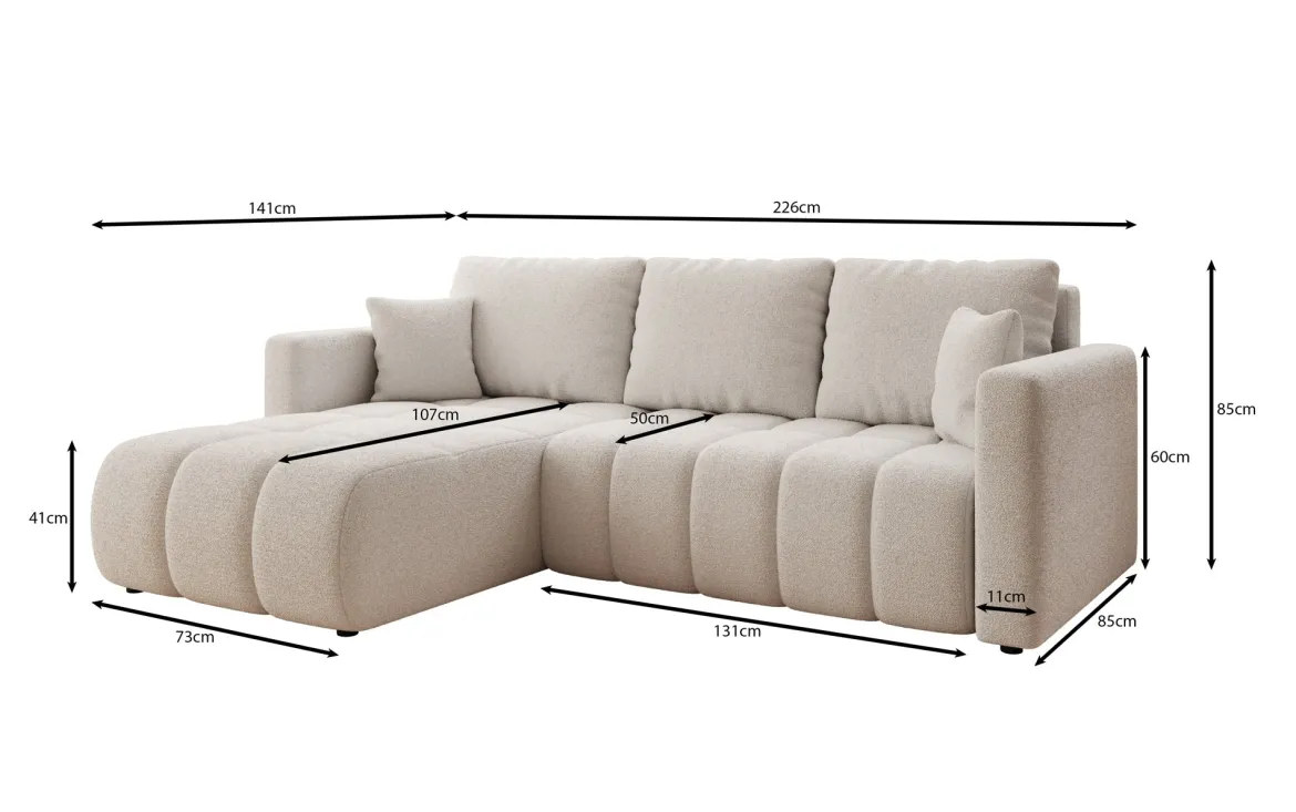Designer Ecksofa Beatrice mit Schlaf- und Klappfunktion in Bouclé