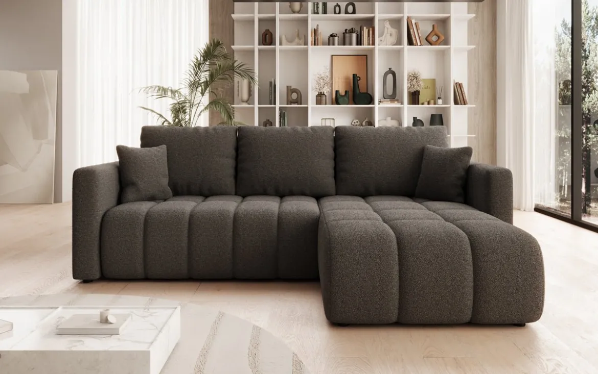 Designer Ecksofa Beatrice mit Schlaf- und Klappfunktion in Bouclé