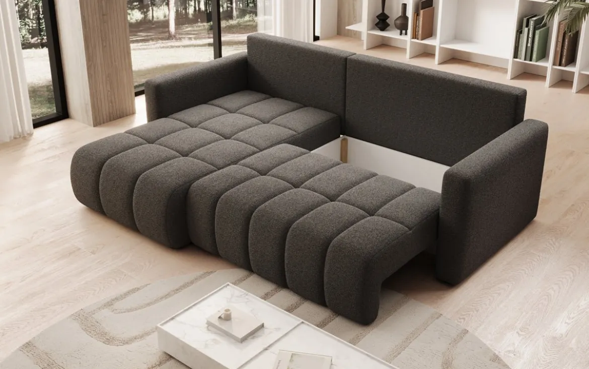Designer Ecksofa Beatrice mit Schlaf- und Klappfunktion in Bouclé