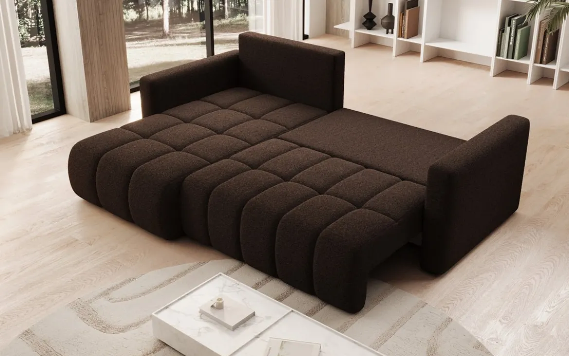 Designer Ecksofa Beatrice mit Schlaf- und Klappfunktion in Bouclé