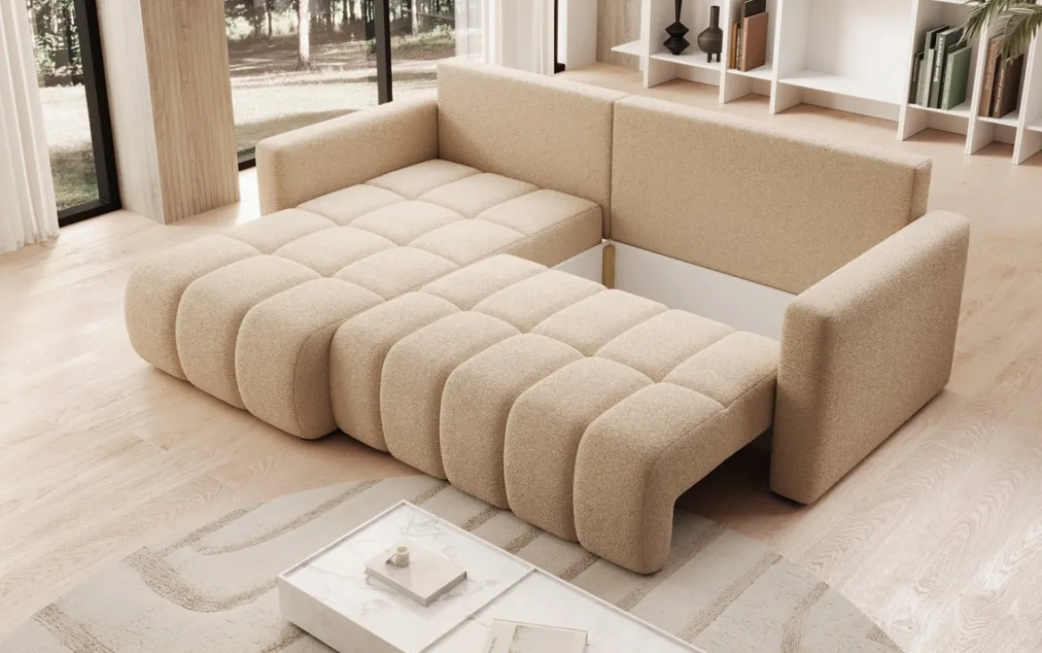 Designer Ecksofa Beatrice mit Schlaf- und Klappfunktion in Bouclé