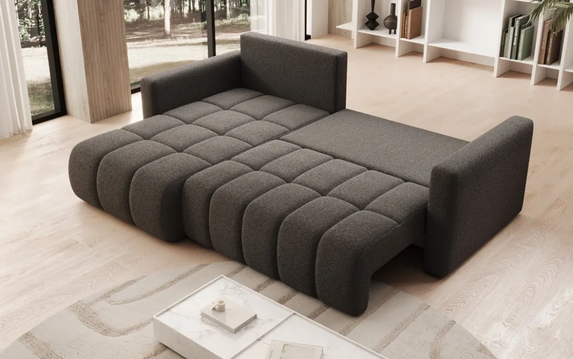 Designer Ecksofa Beatrice mit Schlaf- und Klappfunktion in Bouclé