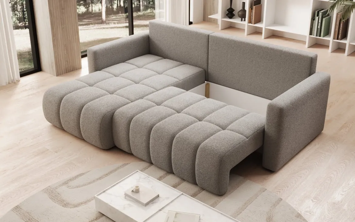 Designer Ecksofa Beatrice mit Schlaf- und Klappfunktion in Bouclé