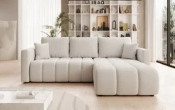 Designer Ecksofa Beatrice mit Schlaf- und Klappfunktion in Bouclé