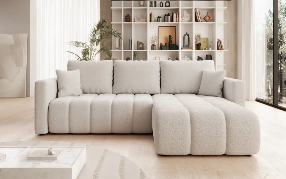 Designer Ecksofa Beatrice mit Schlaf- und Klappfunktion in Bouclé