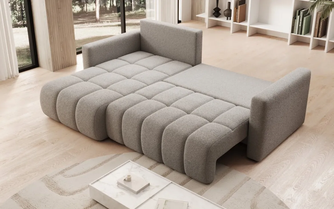 Designer Ecksofa Beatrice mit Schlaf- und Klappfunktion in Bouclé