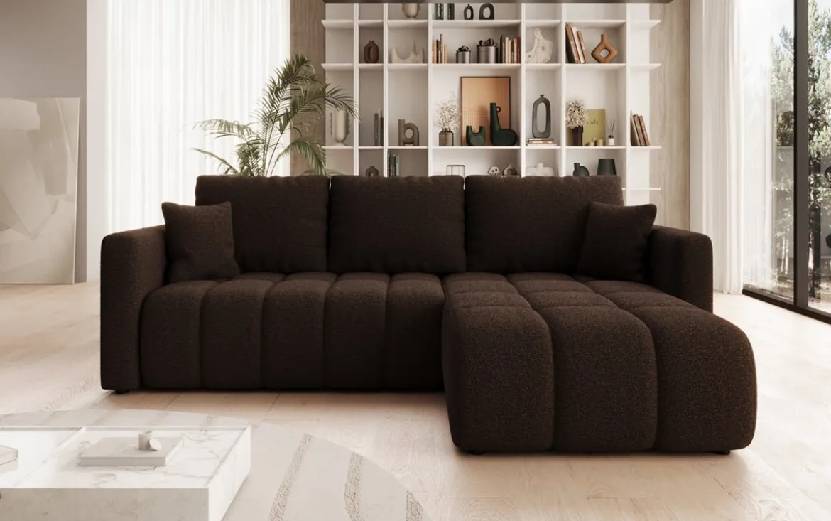 Designer Ecksofa Beatrice mit Schlaf- und Klappfunktion in Bouclé