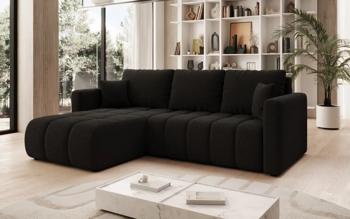 Designer Ecksofa Beatrice mit Schlaf- und Klappfunktion in Bouclé