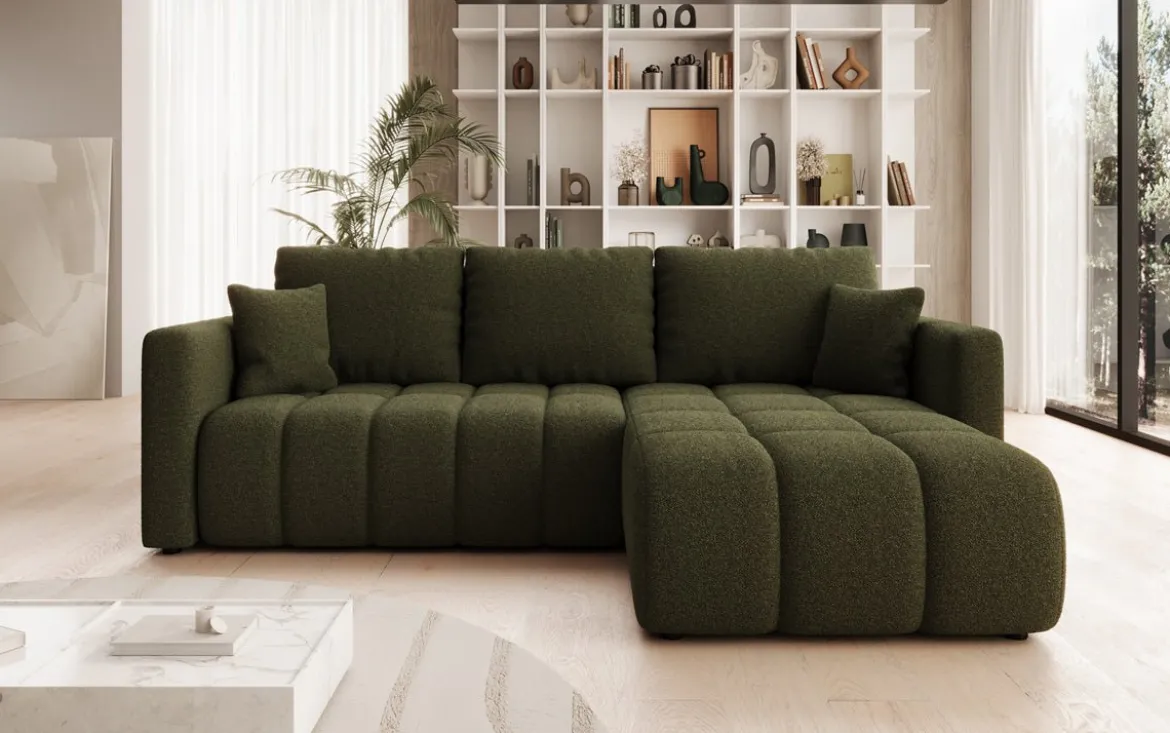 Designer Ecksofa Beatrice mit Schlaf- und Klappfunktion in Bouclé