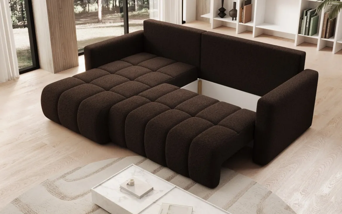 Designer Ecksofa Beatrice mit Schlaf- und Klappfunktion in Bouclé
