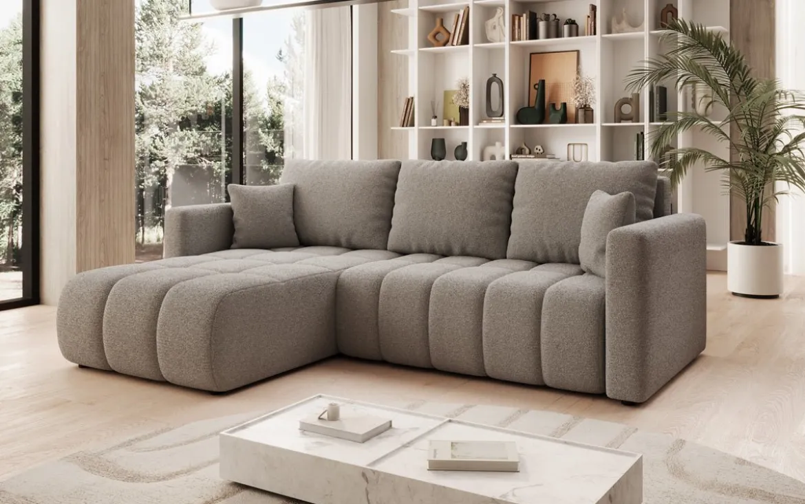 Designer Ecksofa Beatrice mit Schlaf- und Klappfunktion in Bouclé