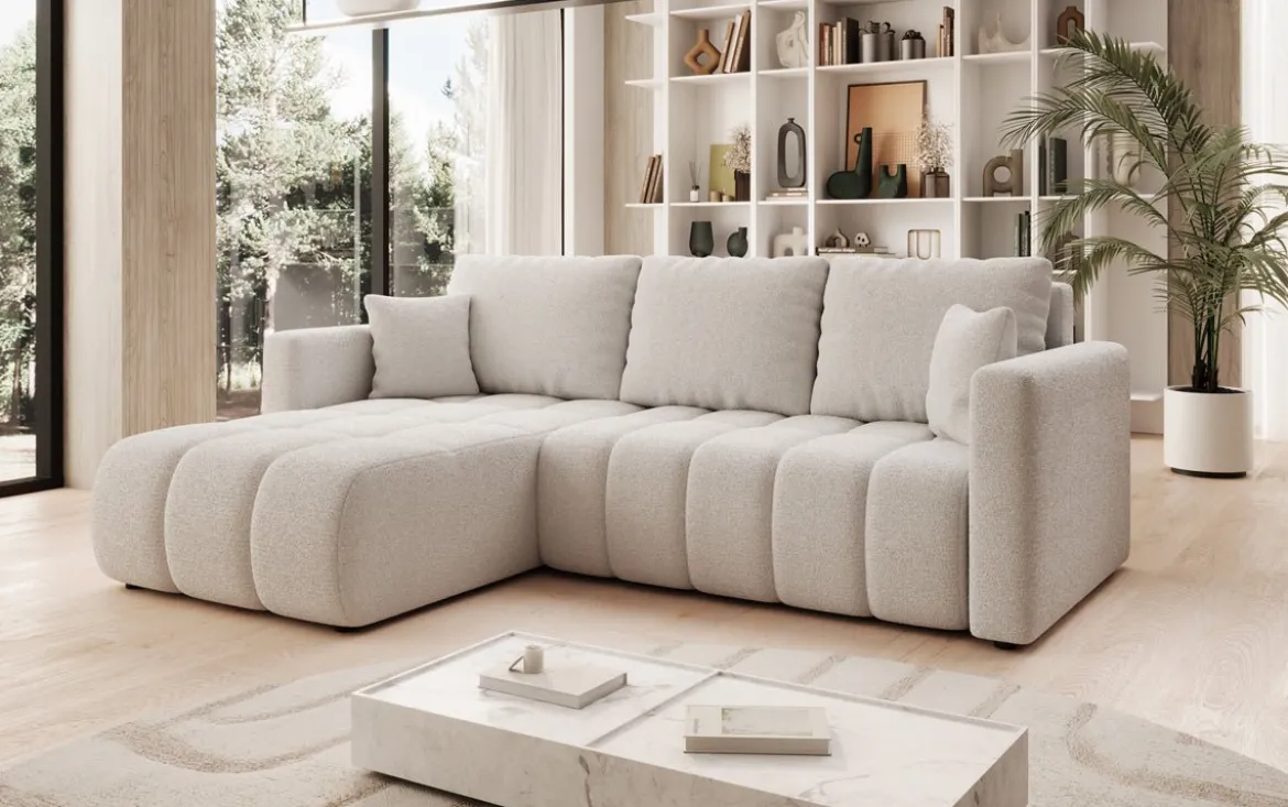 Designer Ecksofa Beatrice mit Schlaf- und Klappfunktion in Bouclé