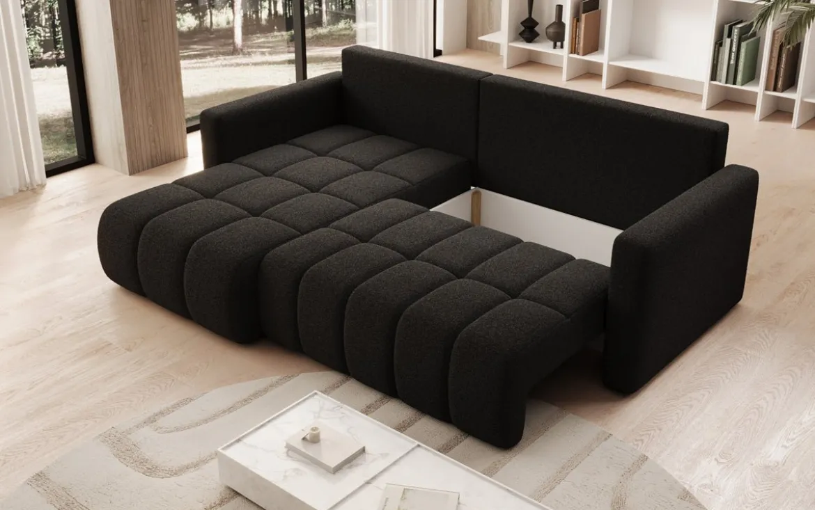 Designer Ecksofa Beatrice mit Schlaf- und Klappfunktion in Bouclé