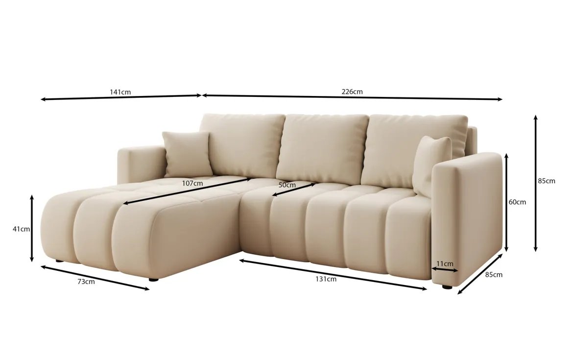 Designer Ecksofa Beatrice mit Schlaf- und Klappfunktion in Stoff