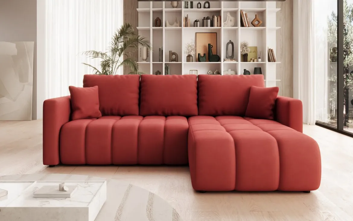 Designer Ecksofa Beatrice mit Schlaf- und Klappfunktion in Stoff