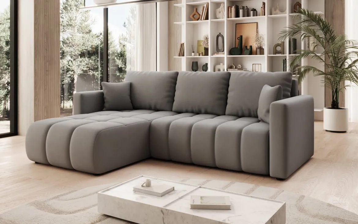 Designer Ecksofa Beatrice mit Schlaf- und Klappfunktion in Stoff