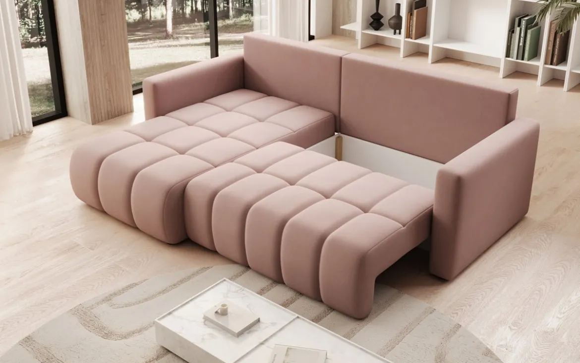 Designer Ecksofa Beatrice mit Schlaf- und Klappfunktion in Stoff