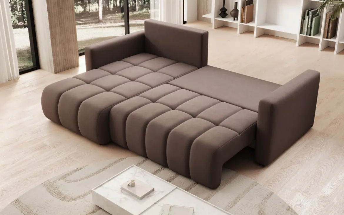 Designer Ecksofa Beatrice mit Schlaf- und Klappfunktion in Stoff