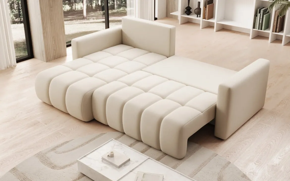 Designer Ecksofa Beatrice mit Schlaf- und Klappfunktion in Stoff