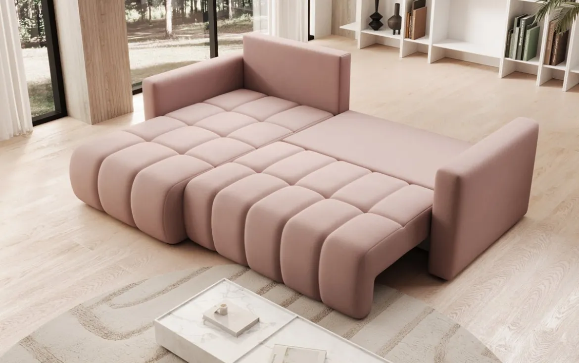 Designer Ecksofa Beatrice mit Schlaf- und Klappfunktion in Stoff